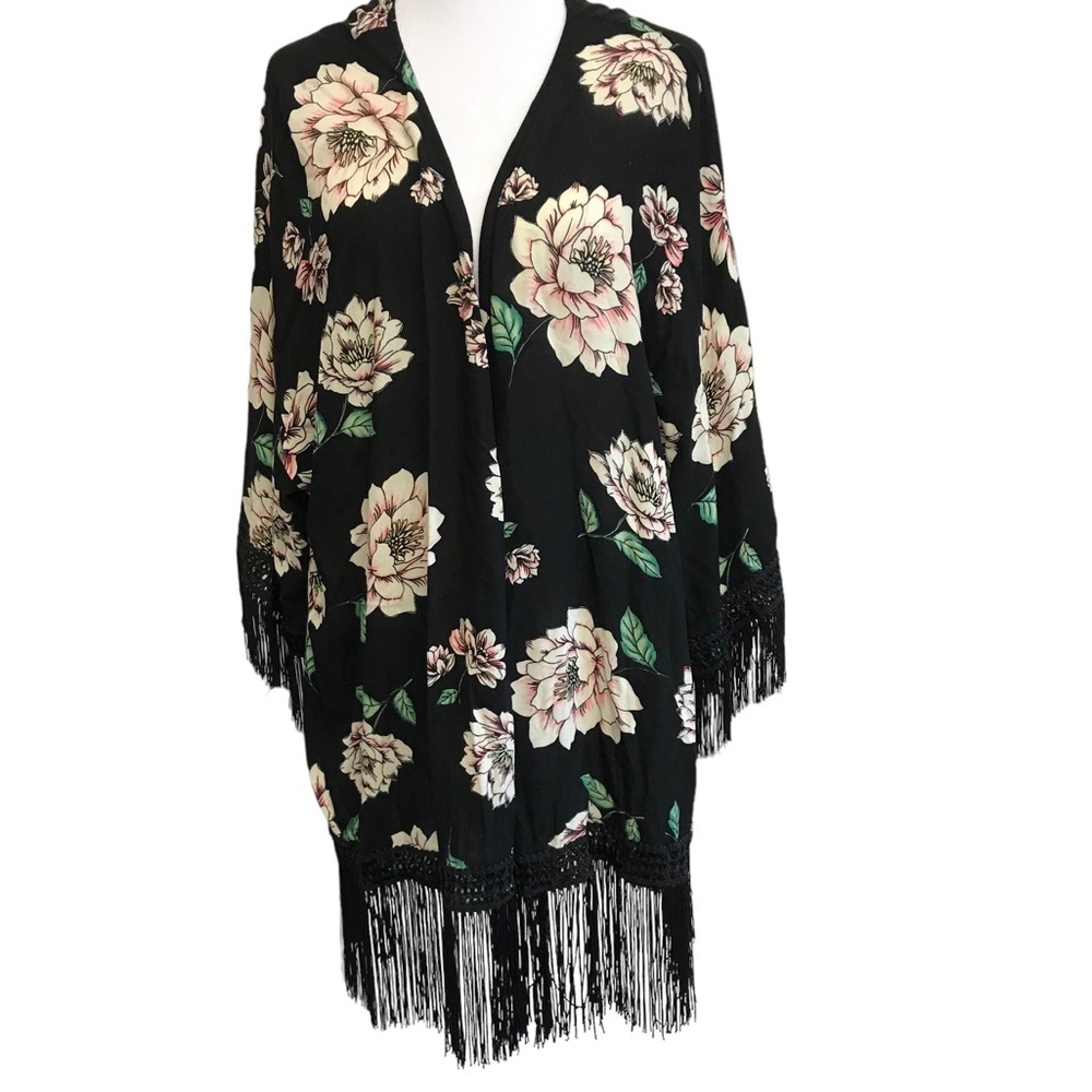 Jodifl Kimono with sleeves floral Black Fringe